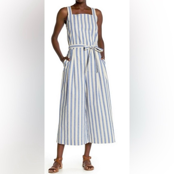 Lafayette‎ 148 Colette Striped Linen Blend Jumpsuit Size M Wide Leg Cropped